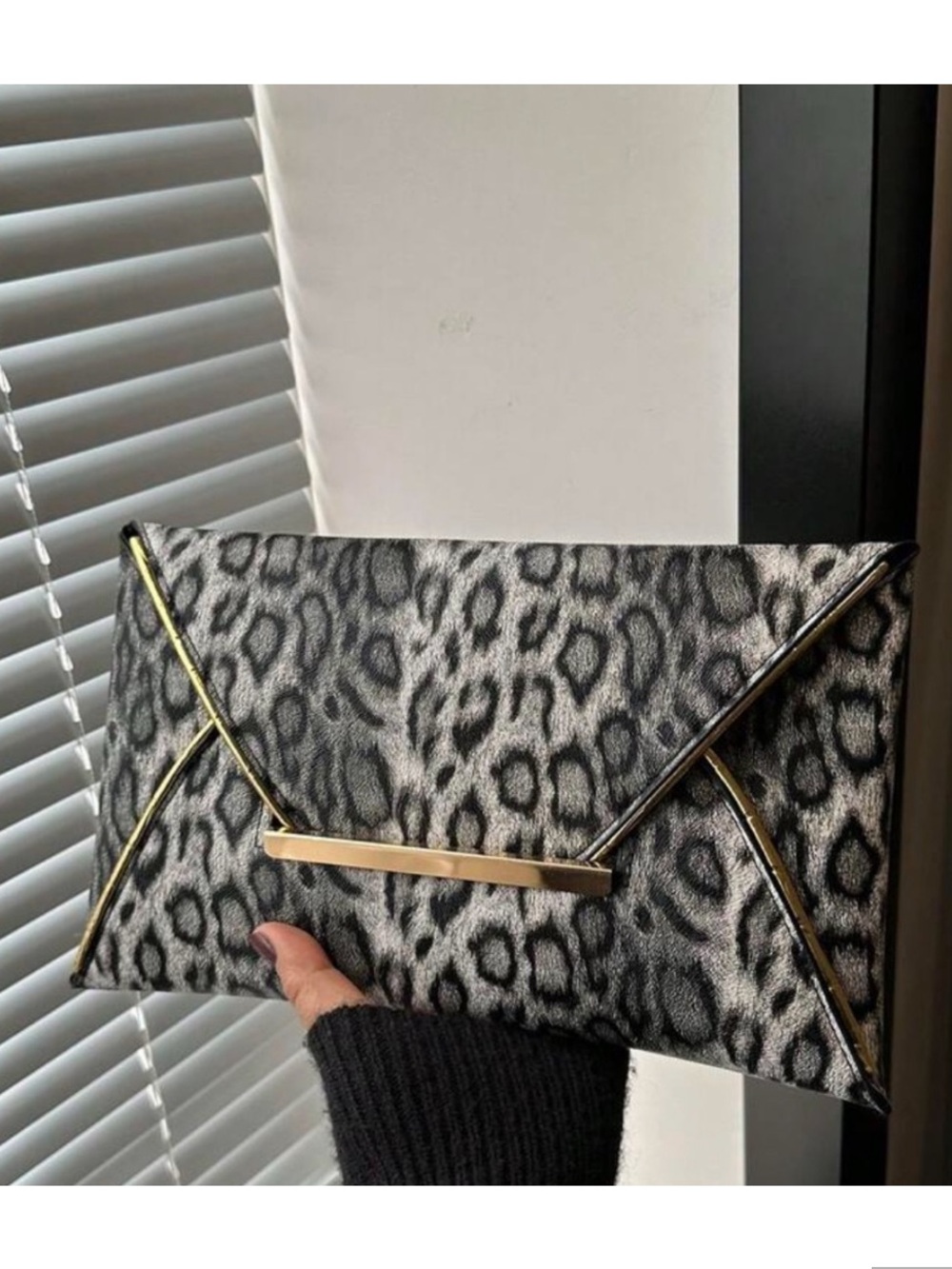 Leopard Print Envelope Clutch with Gold Trim - Gray/Black